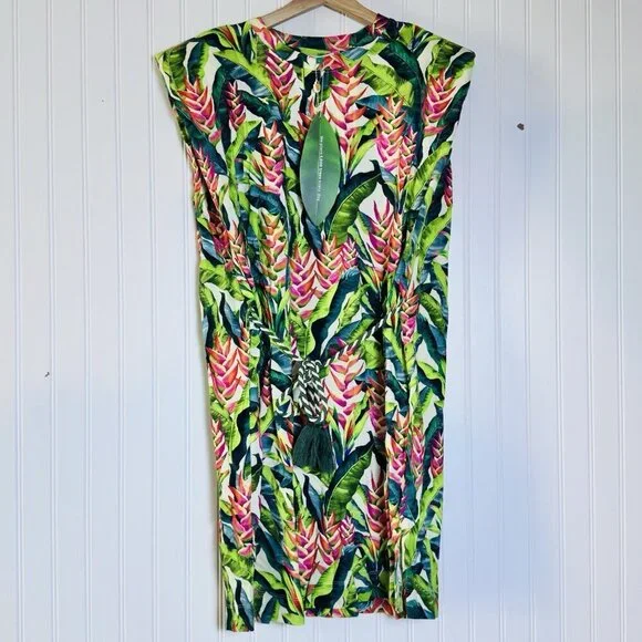 FARM Rio Heli Leaves Pearl T-Shirt Jersey Mini Dress Large Tropical casual - Picture 5 of 11